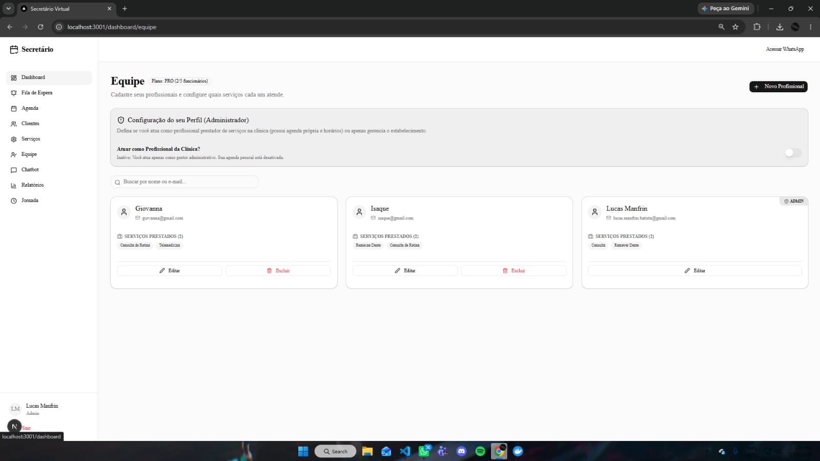 Painel de equipe do Secretário Virtual, com serviços associados a cada profissional; e-mails ocultados